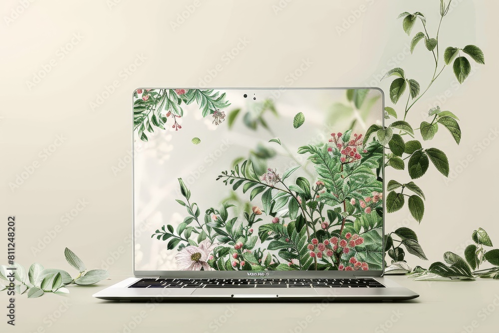 Poster an open laptop computer resting on a table surface, a laptop inspired by nature, featuring flowing l
