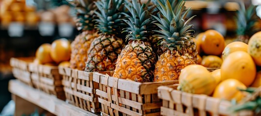 Vibrant pineapples in baskets by beach fruit stand warehouse under clear blue sky - Powered by Adobe