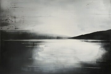 Abstract oil painting of lake and mountains in black and white colors
