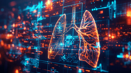 Representación 3D de Pulmones Humanos sobre un Fondo Digital con Interfaz Holográfica y Datos de Salud en un Concepto de Tecnología Médica Futurista