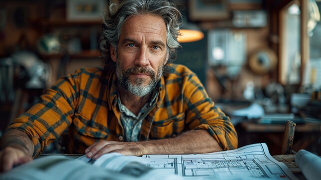 Mature Architect Reviewing Blueprints in a Rustic Workshop