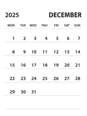 December 2025-Calendar 2025 template vector on white background, week start on monday, Desk calendar 2025 year, Wall calendar design, corporate planner template, clean style, stationery, organizer