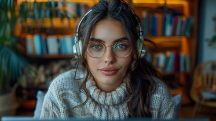 Young Woman in Library with Headphones Studying Intently