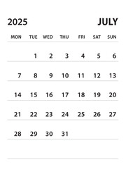 July 2025-Calendar 2025 template vector on white background, week start on monday, Desk calendar 2025 year, Wall calendar design, corporate planner template, clean style, stationery, organizer