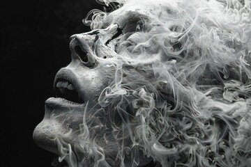 A portrait of a scary face with white smoke and black background