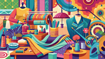 Vibrant Tailor Shop Interior With Colorful Fabrics and Sewing Essentials