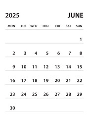 June 2025-Calendar 2025 template vector on white background, week start on monday, Desk calendar 2025 year, Wall calendar design, corporate planner template, clean style, stationery, organizer