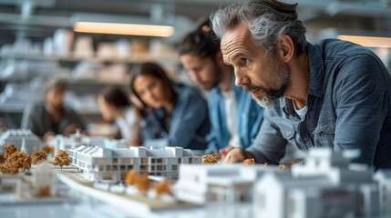 Focused Architects Analyzing Scale Model In Design Studio