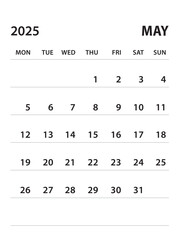 May 2025-Calendar 2025 template vector on white background, week start on monday, Desk calendar 2025 year, Wall calendar design, corporate planner template, clean style, stationery, organizer