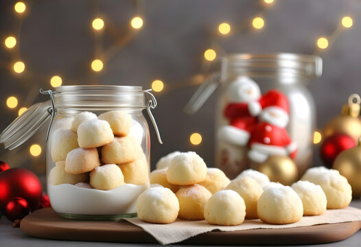 A glass jar filled with snowball cookies with a red ribbon tied around it on a grey table
