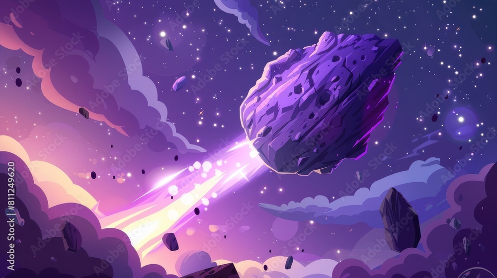 Wall mural Plasma based Asteroid Unique Planet with Humps Cosmic Environment for Gaming or Sci Fi Purple Meteor in Flat Cartoon Style