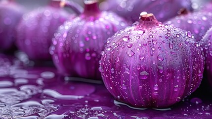   A cluster of purple orbs resting atop a moistened tabletop upon a purplish background