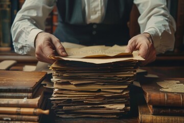 A man sitting at a table, arranging stacks of books, possibly preparing for a trial or research, A lawyer preparing for a trial by organizing evidence