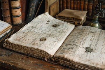 An old ledger book with detailed transaction entries resting on a wooden table, A ledger book with detailed transaction entries