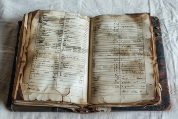 An old book with numerous detailed transaction entries written on its pages, A ledger book with detailed transaction entries