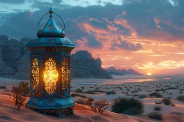 Lantern in the desert at sunset,   rendering