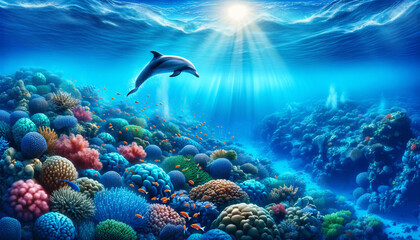 A dolphin swimming near the surface of a clear blue ocean. Below, the seabed is teeming
