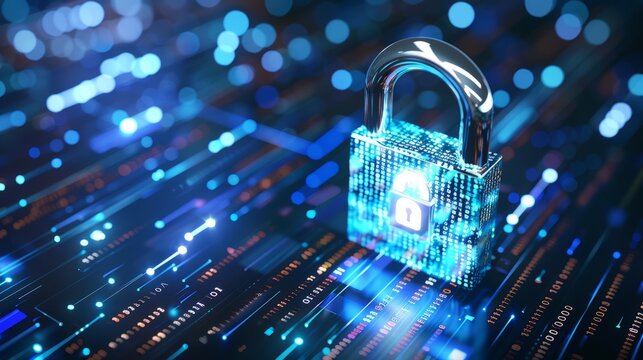 digital padlock on abstract cyber security technology blue background with binary code hyper realistic 