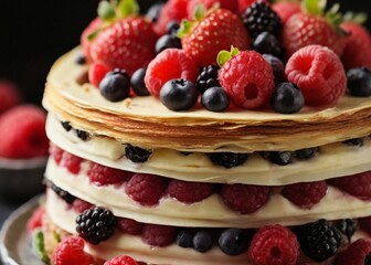 waffles with berries, close up of layer cake with berries. 