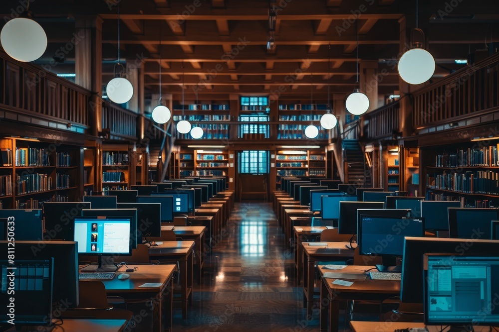 Poster a library with numerous desks and computers for studying and research purposes, a library with rows 