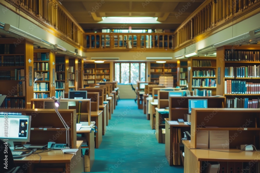Poster rows of books and computers in a modern library setting, a library with rows of computers and digita