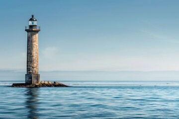 Fototapeta premium A lighthouse standing tall amidst the vast ocean, guiding ships safely through treacherous waters, A lighthouse standing tall against the endless expanse of the ocean