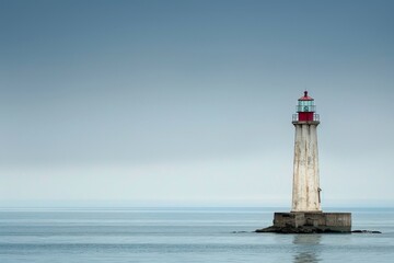 Tall lighthouse amidst vast ocean waters under clear sky, A lighthouse standing tall against the endless expanse of the ocean