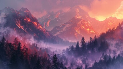 Fantasy landscape with mountains and forest in fog. Digital painting. created with generative AI...