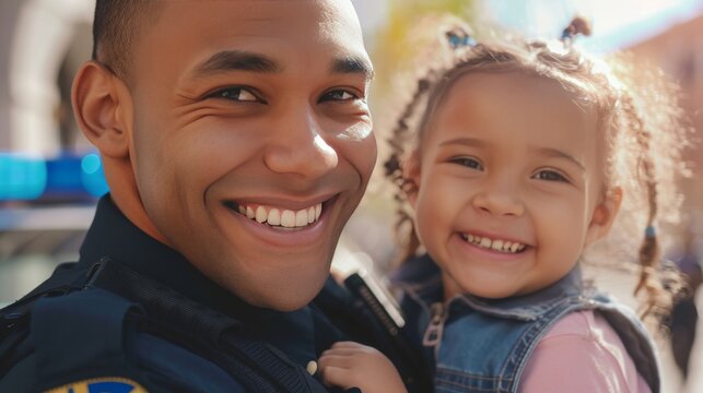 Portrait of a male police officer with a little child