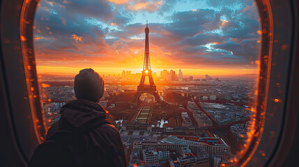 A breathtaking view of the Eiffel Tower and Paris skyline at sunset, seen from the window of an...