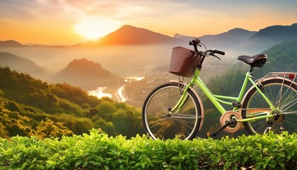 Fototapeta premium World bicycle day concept International holiday june 3, bicycle with sunset scenery landscape background, banner, card, poster with text space