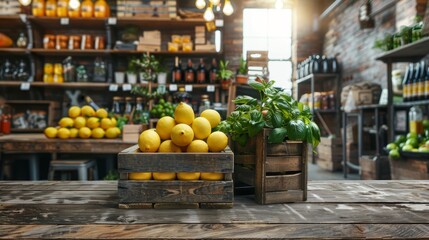 Fototapeta premium Vibrant lemons in crates on vintage table with soft morning light a refreshing summer scene