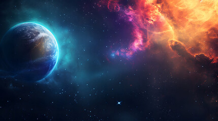 Vibrant space scene with an abstract planet on a dark background, providing room for text