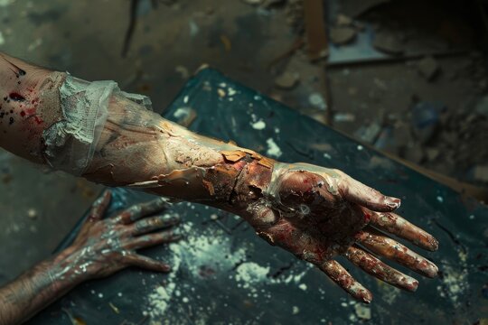 A bloody, lifeless hand is shown in a scene from the popular TV series, The Walking Dead, A limp and lifeless forearm, damaged beyond repair