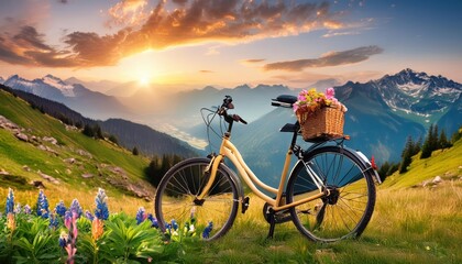 Naklejka premium World bicycle day concept International holiday june 3, bicycle with sunset scenery landscape background, banner, card, poster with text space
