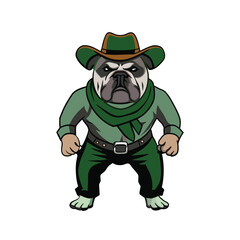 A cowboy bulldog vector logo, exuding western grit with a dash of canine charm, encapsulating rugged frontier spirit.	