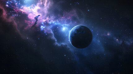 Luminous planet amidst colorful cosmic swirls on a dark background, offering room for text