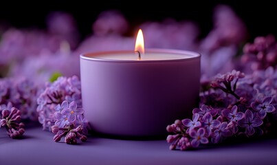 Burning candle among lilac flowers, front view.