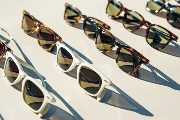 Multiple classic wayfarer sunglasses arranged neatly in a row on a wooden table, A lineup of classic wayfarer sunglasses in various sizes and finishes