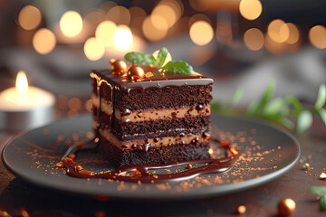 Delicious Chocolate Cake on a Plate delectable piece of chocolate cake is beautifully presented on...