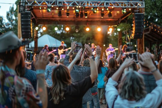 A group of individuals standing on a raised platform with a crowd below at an outdoor concert event, A lively outdoor concert with a stage and crowds of people dancing