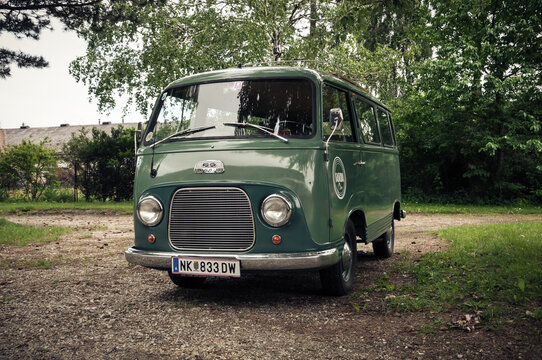 Front view of dark green Ford FK 1000 Kastenwagen in a park. Classic 1950s van made by Ford K&ouml;ln on June 02, 2013 in Strasshof an der Nordbahn, Austria.