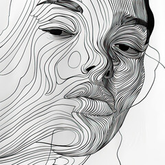 An abstract portrait defined by swirling black and white lines creating a mesmerizing pattern over a human face.