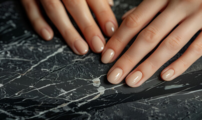 Close-up of a woman's hands with an elegant manicure in neutral tones that emphasize natural beauty and style.