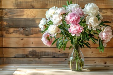 Fresh peony roses flowers in vase on wooden background