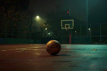An illuminated basketball rests on the darkened court under the night sky, A lone basketball resting on the court, waiting for someone to break the silence with a dribble and a shot