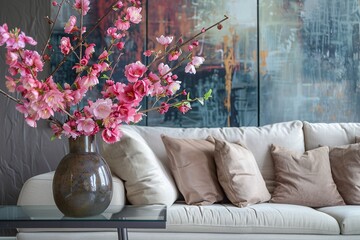 Fresh cut spring flowers in vase on table in living room