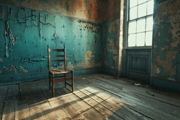 An overturned chair is positioned in a room with peeling paint on the walls, A lone chair overturned in the center of the room