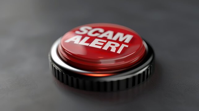 A 3Drendered glossy red button labeled SCAM ALERT, designed as a single, striking object on a seamless grey background, suitable for cautionary use