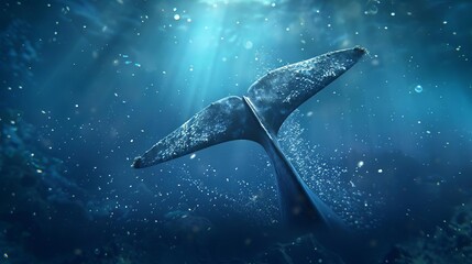 Fototapeta premium A highdefinition 3D animation of a whales tail moving slowly in the deep ocean, surrounded by floating plankton and soft light effects